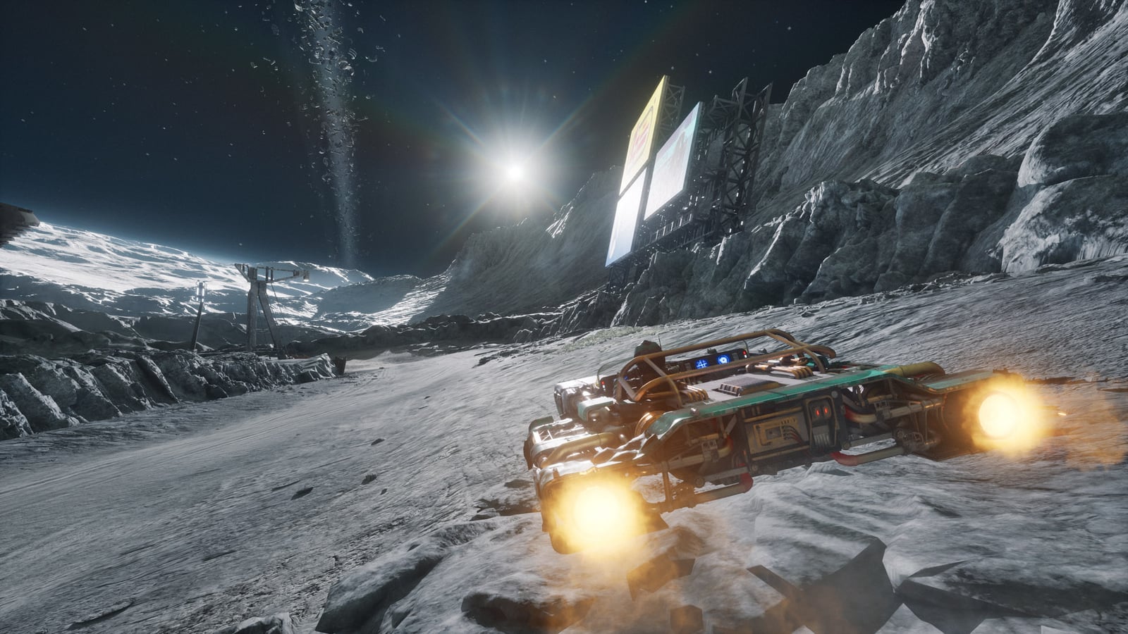 Vehículo verde con dos propulsores encendidos en un circuito rocoso de Galactic Racer
