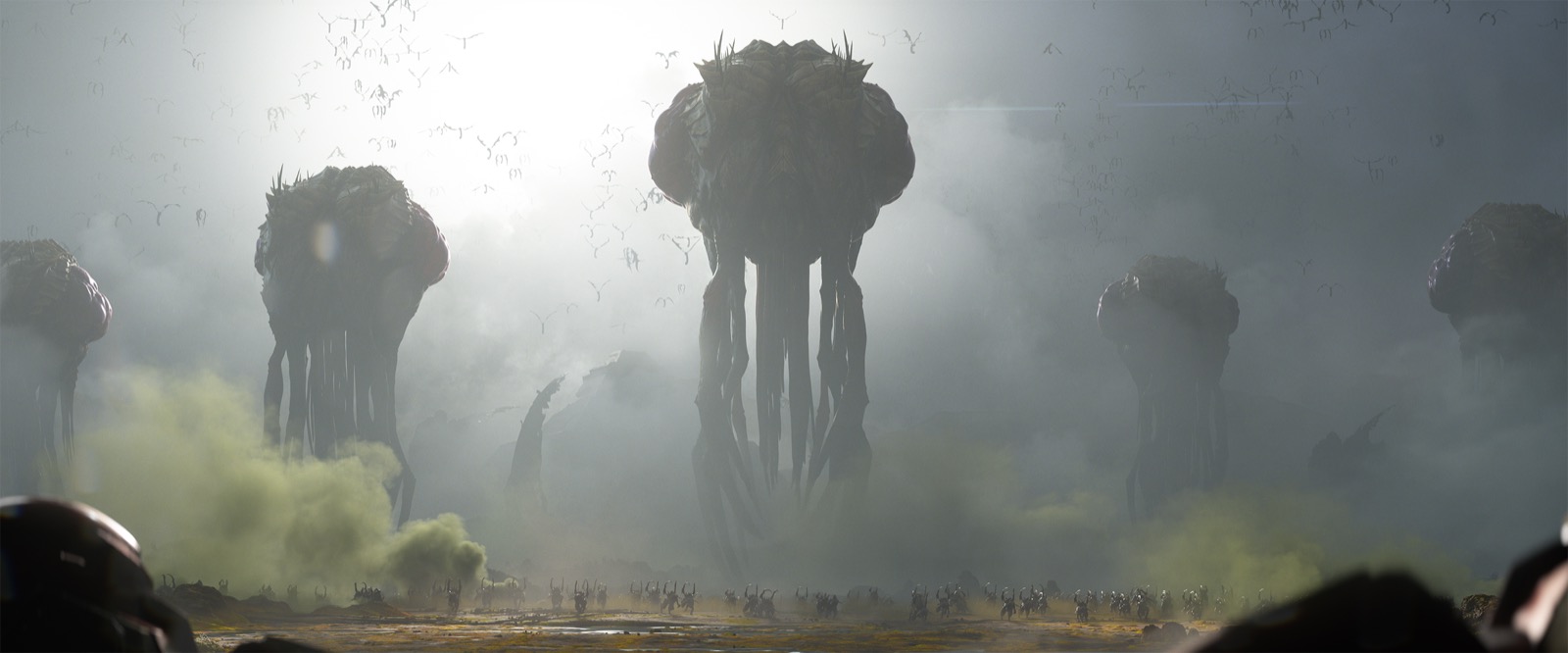 Enormous alien creatures advance toward terran soldiers in the new STARCRAFT