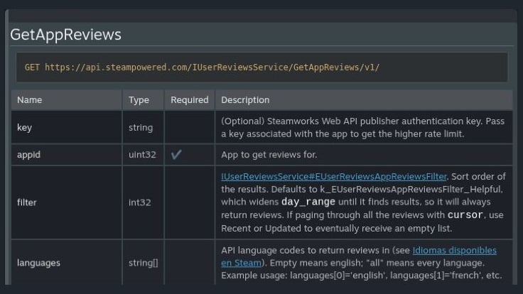 GetAppReviews documentation showing the optional key, app identifier and filtering options