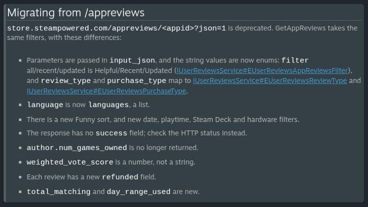 Valve’s migration checklist covering changes to request parameters and response fields