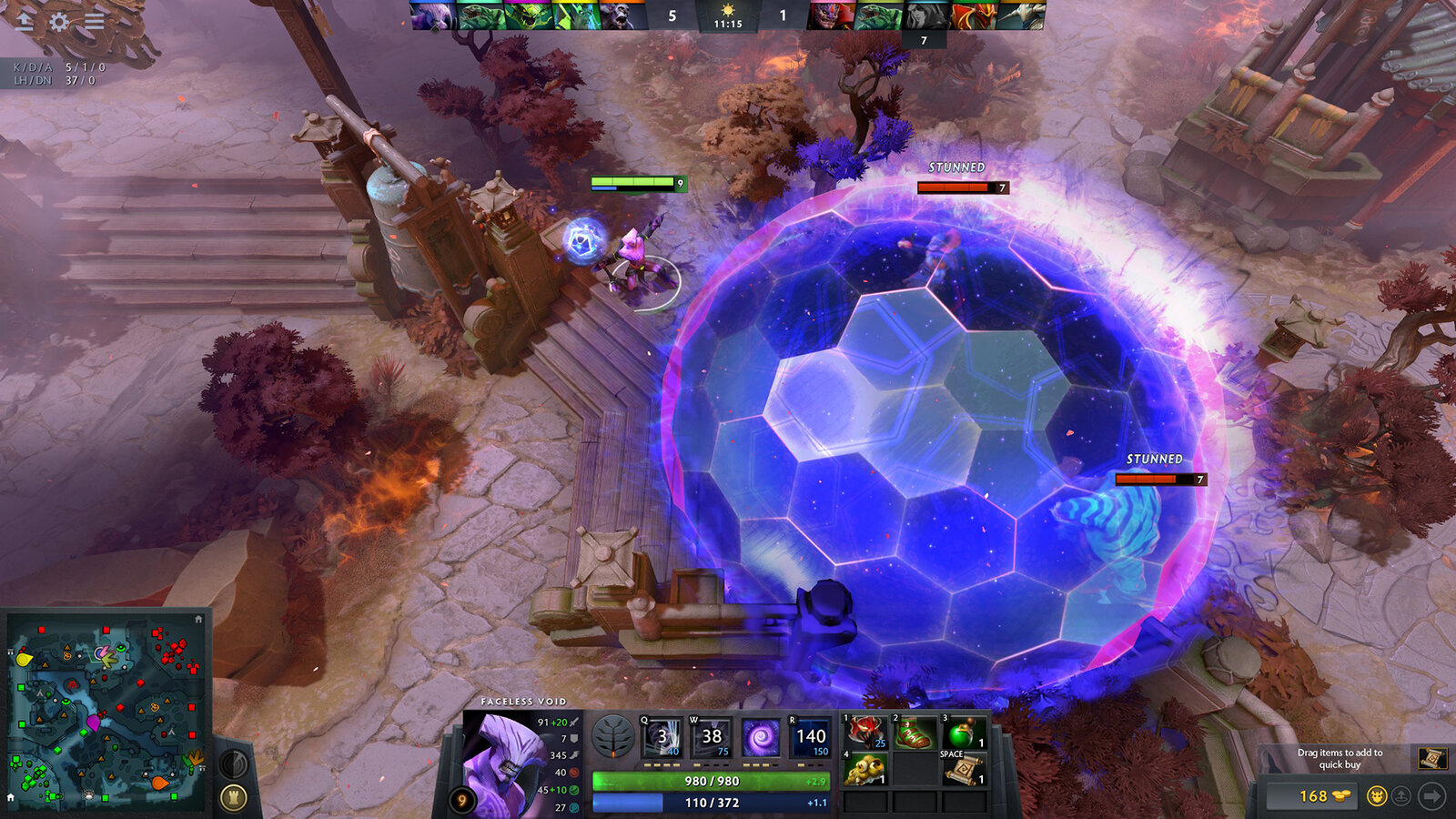A blue energy dome traps several heroes in a Dota 2 match