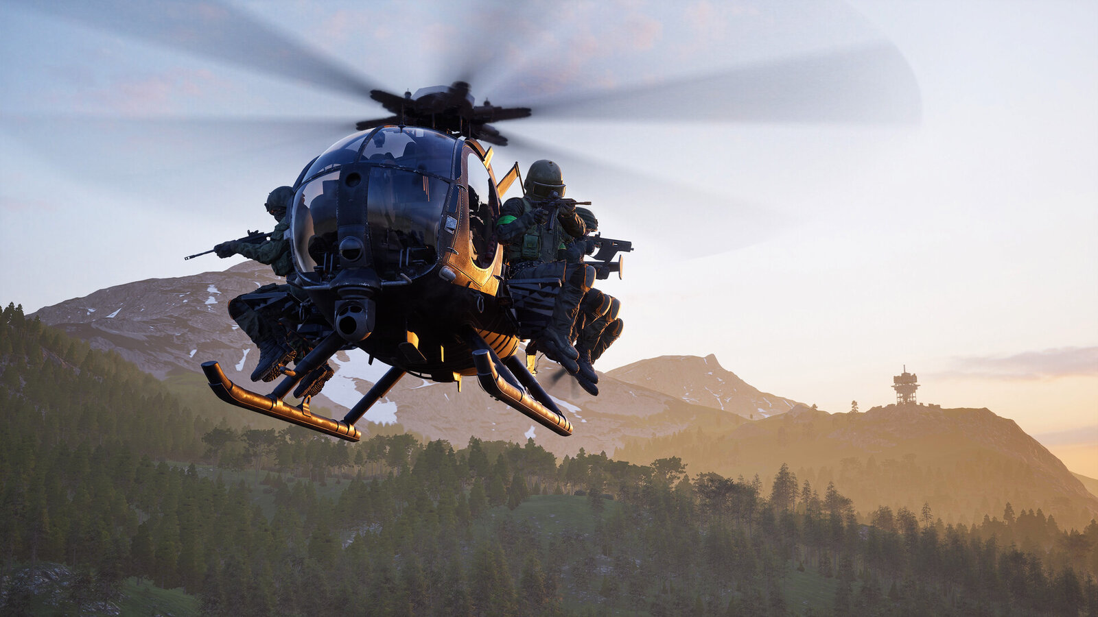 A helicopter carrying soldiers flies over a forest in WARDOGS