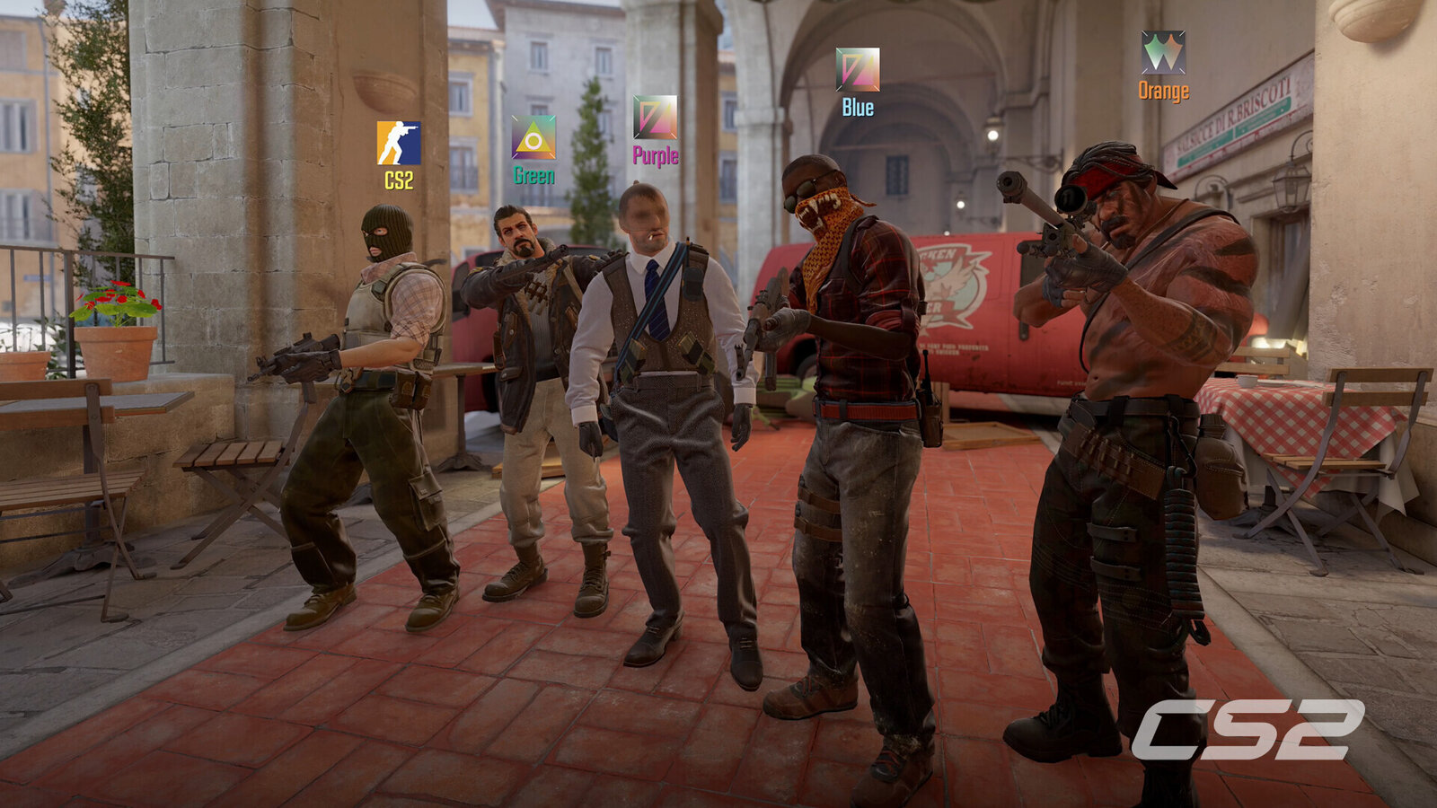 Five armed Counter-Strike 2 characters pose in a town square map