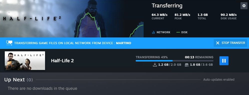 Descargas de Steam con una transferencia local recibida desde otro equipo