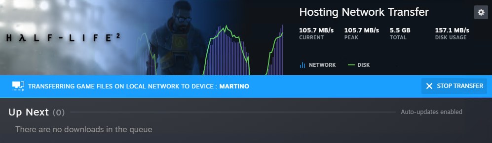 Steam showing a game-file transfer sent over the local network