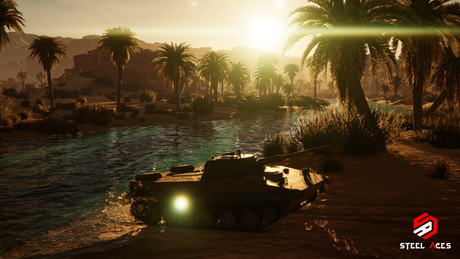 A PT-76 tank under the sun in a Steel Aces desert scene