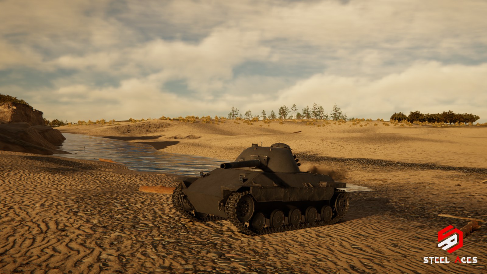 A Steel Aces tank near a beach