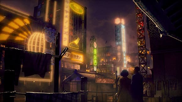 A brightly lit street at night in Stranger Than Heaven