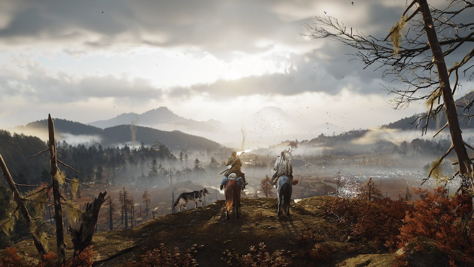 Two riders cross a valley under a cloudy sky in Ghost of Yōtei: Complete Edition