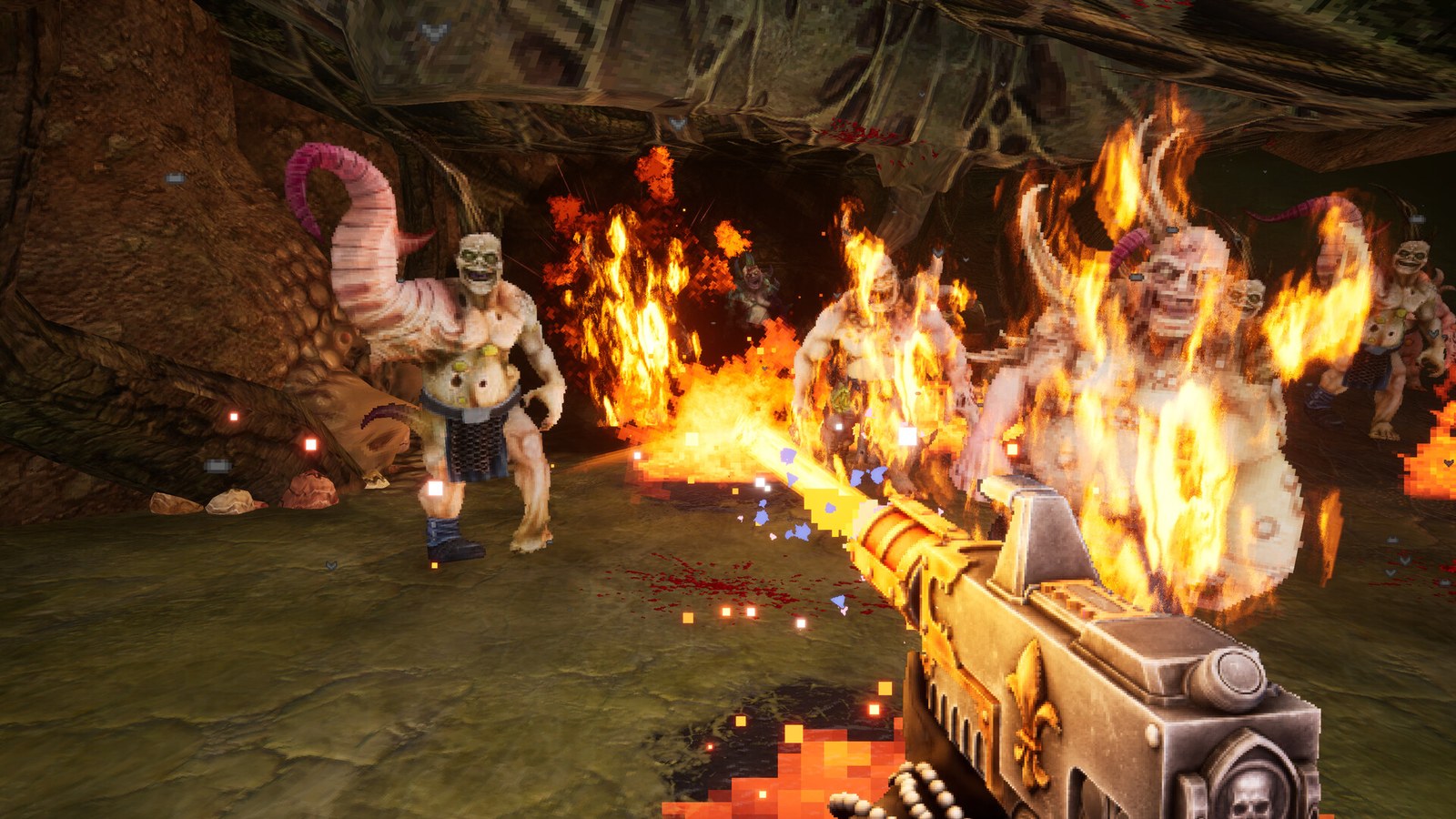 A flamer burns a group of enemies in a first-person screenshot from Warhammer 40,000: Boltgun 2