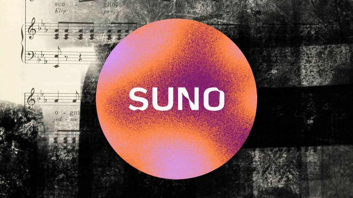 Logotipo de Suno sobre un collage de partituras antiguas