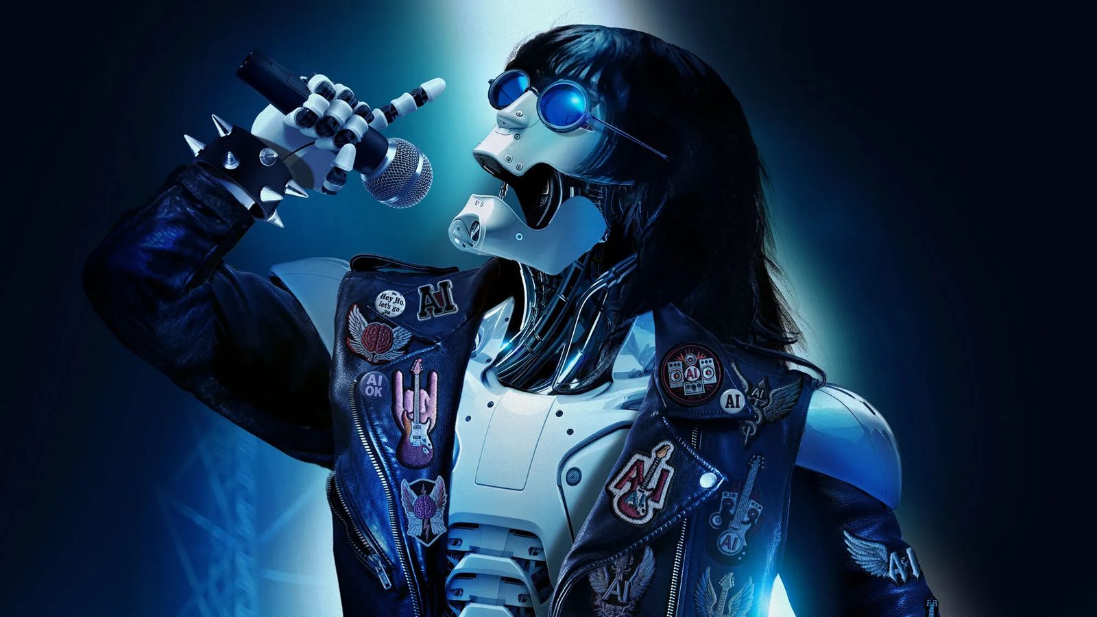 Robot rockero con chaqueta de cuero y micrófono, imagen de marca oficial de Suno
