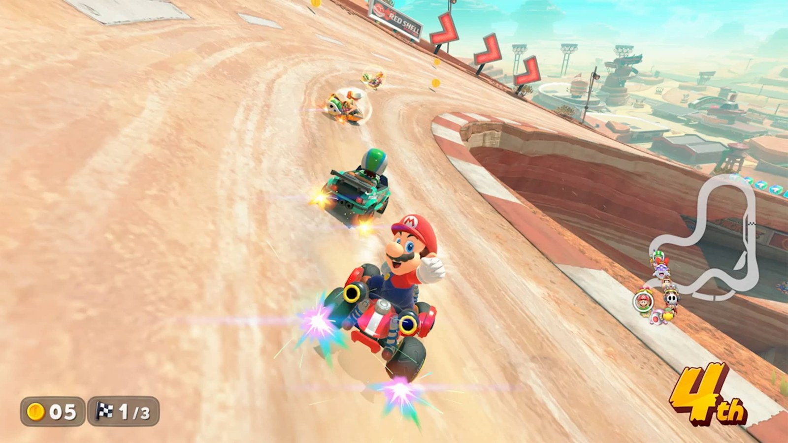 Mario drives his kart along a desert road during a Mario Kart World race
