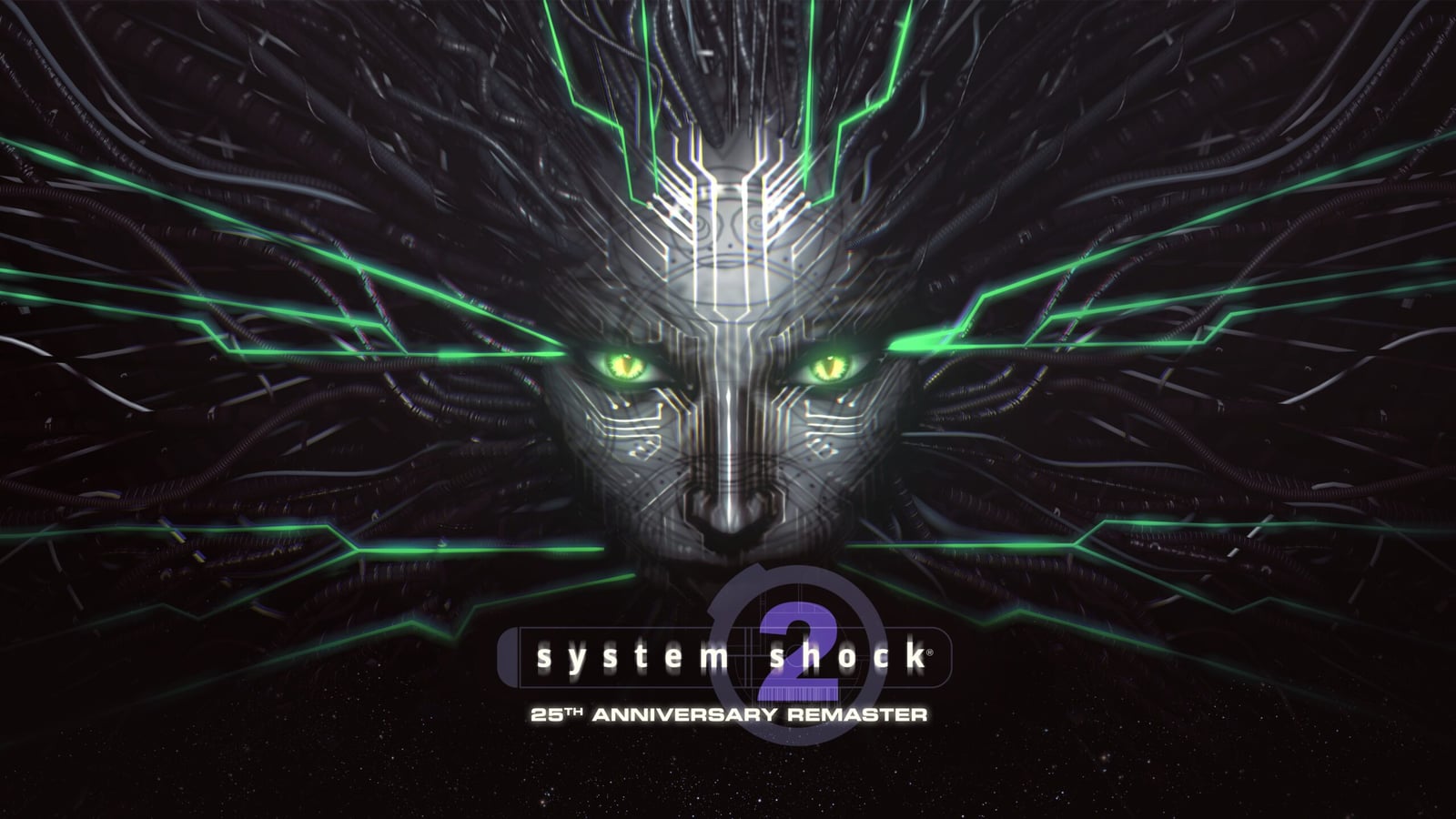 SHODAN’s face surrounded by green circuitry in official System Shock 2: 25th Anniversary Remaster artwork