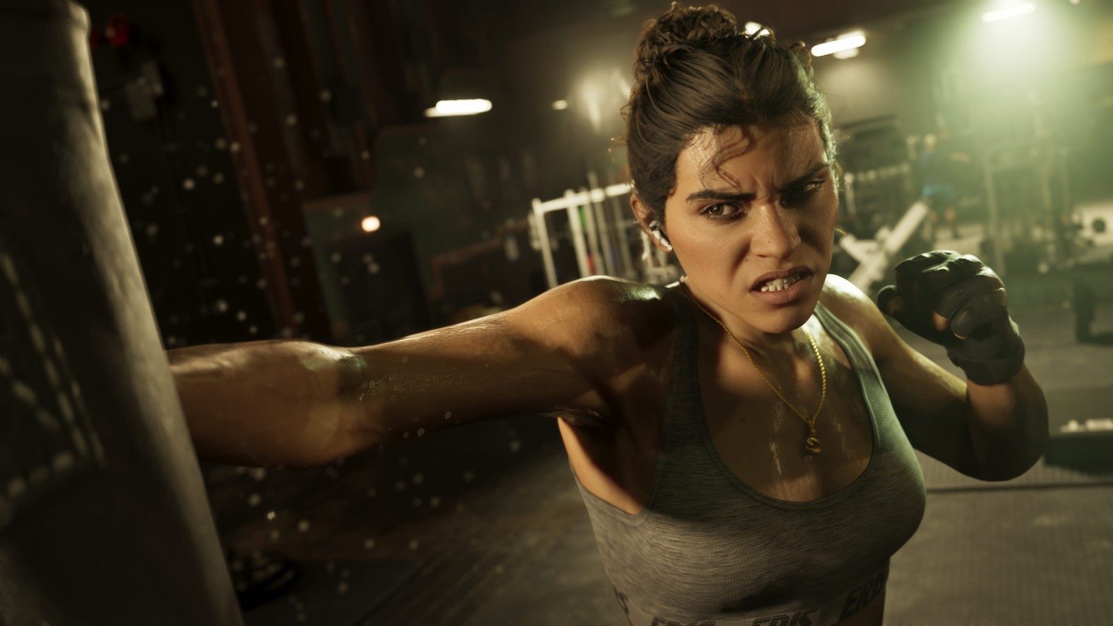 Lucia Caminos training on a punchbag in a GTA 6 gym