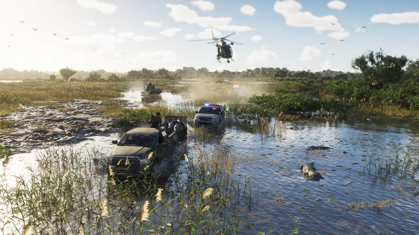 Police chase through the Leonida wetlands in GTA 6, with a pickup fleeing through the water and a helicopter overhead