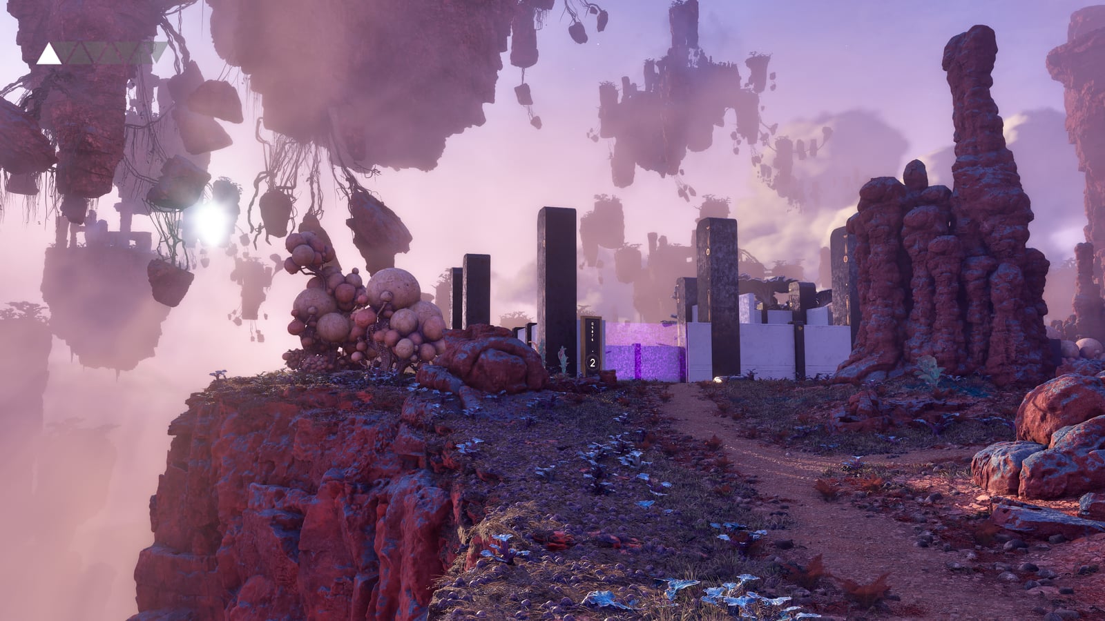 Islas flotantes y pilares negros entre rocas y niebla rosa en The Talos Principle 3