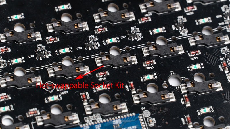 Detail of hot-swap sockets on a Keychron keyboard PCB