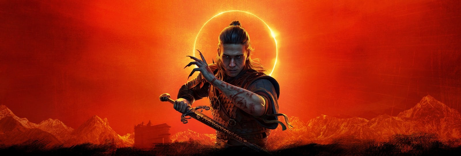 Coen empuña su espada frente a un eclipse rojo en The Blood of Dawnwalker