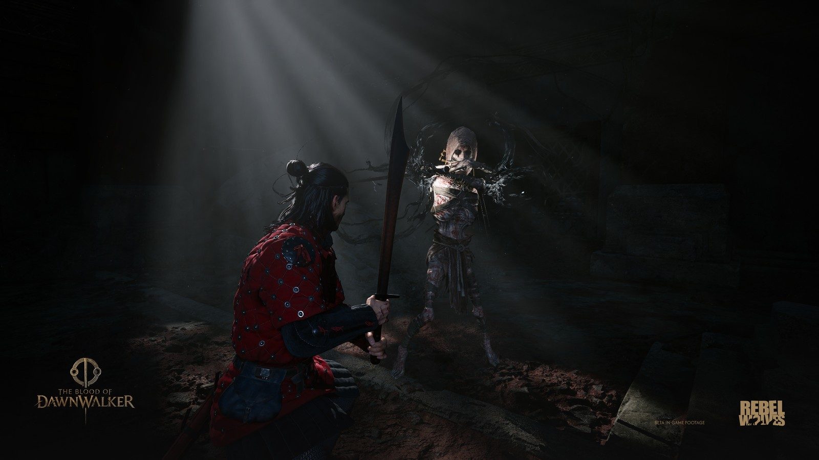 Coen kneeling with a sabre, facing a pale creature under a shaft of light in a crypt in The Blood of Dawnwalker
