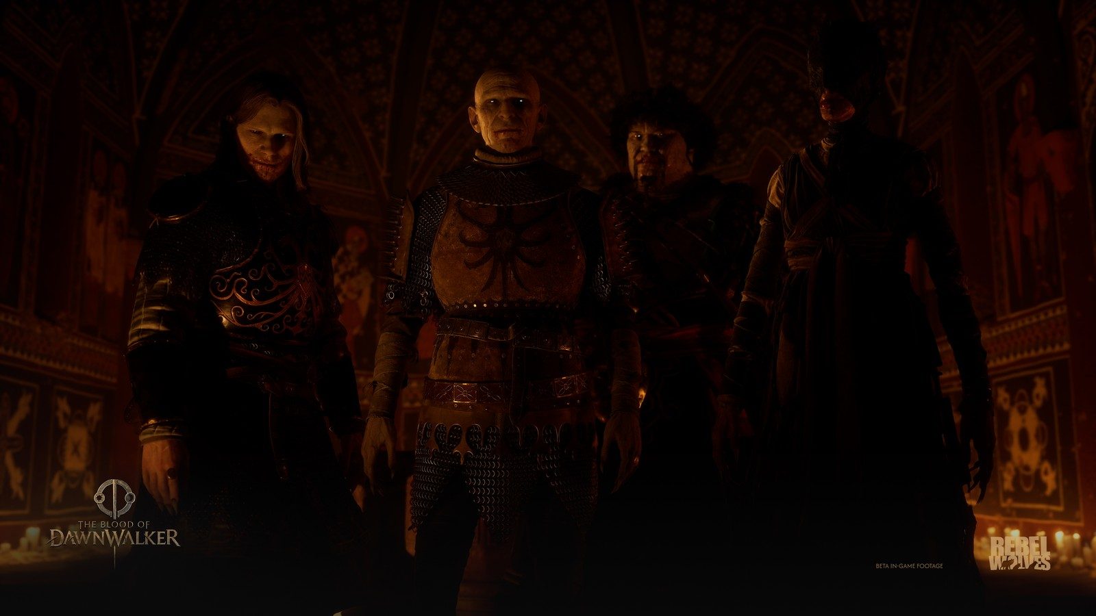 Four vampires of Brencis' court, in shadow and ornate armour, inside a candlelit chapel