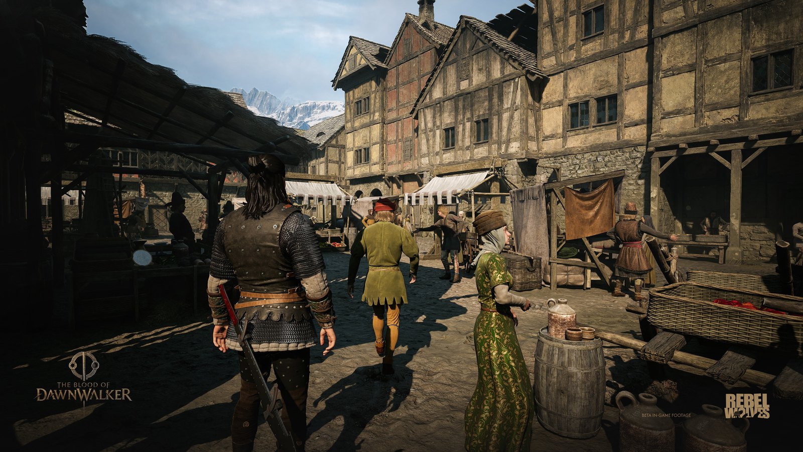 Coen walks through a medieval market in Vale Sangora in broad daylight, with stalls, townsfolk and snowy mountains behind