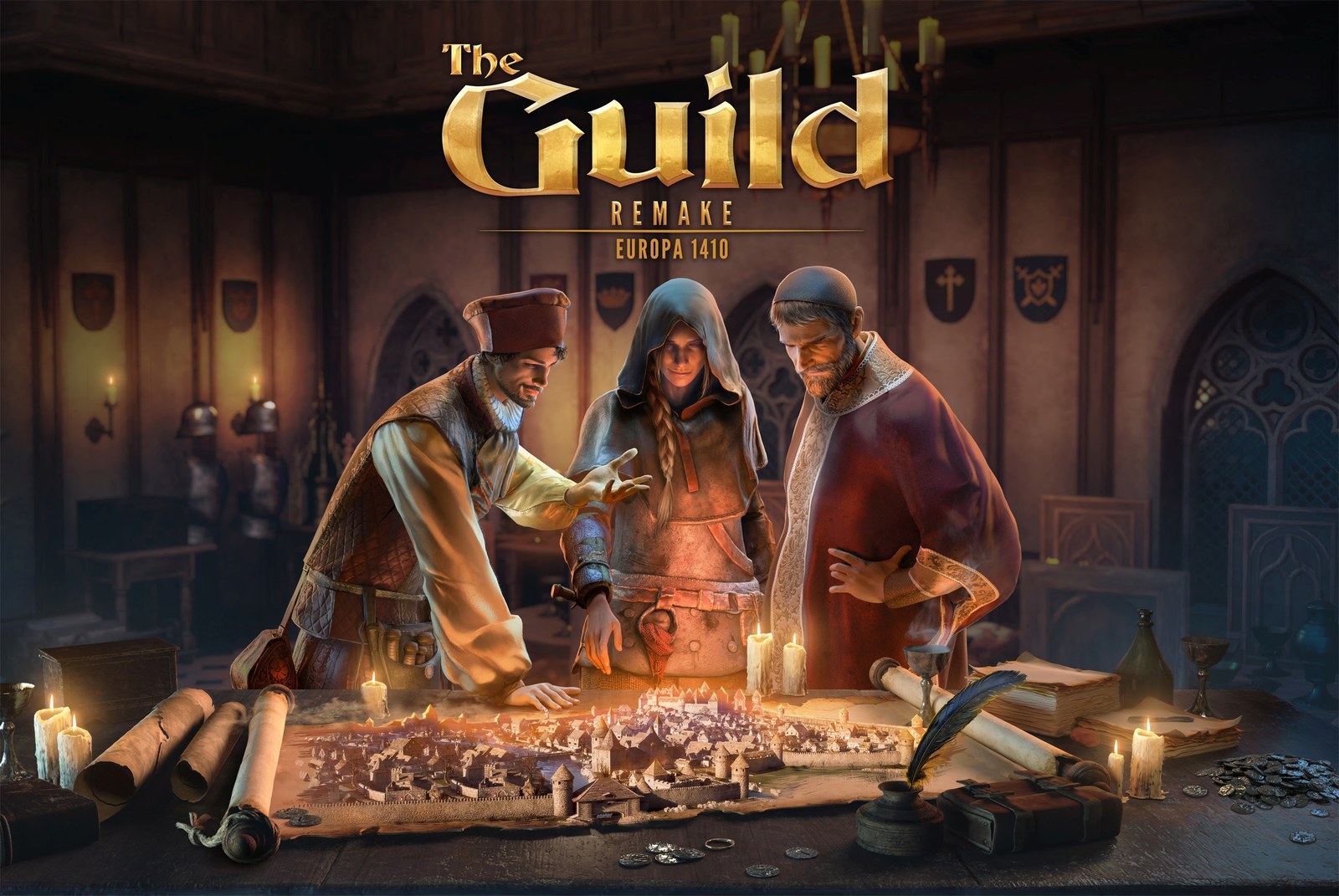 Official art for The Guild 1 Remake: Europa 1410 with three medieval characters around a model of the city