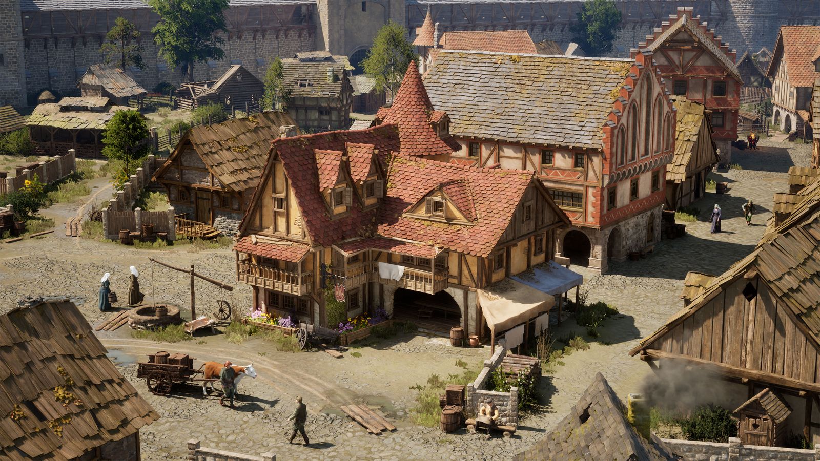 Trial screen in the Europa 1410 town hall, with accuser, accused and a three-member jury