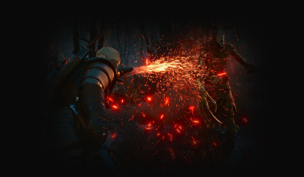 Geralt using fire against a creature in The Witcher 3