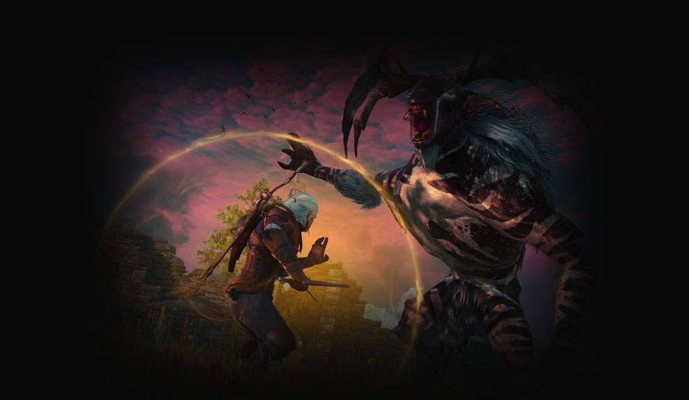 Geralt fighting a winged creature in The Witcher 3