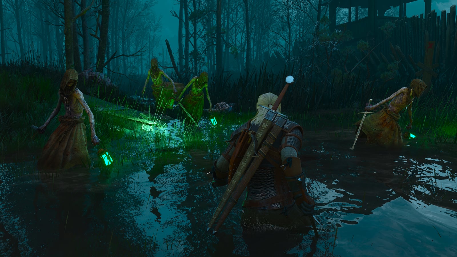 Geralt frente a varios enemigos en un pantano de The Witcher 3 Remastered