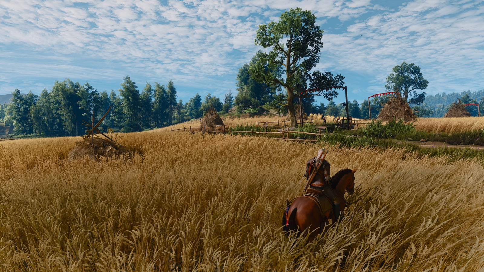 Geralt atraviesa un campo dorado a caballo en The Witcher 3 Remastered