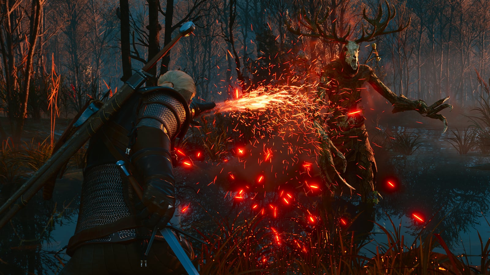 Geralt lanza una señal de fuego contra un monstruo en una captura oficial de The Witcher 3 Remastered
