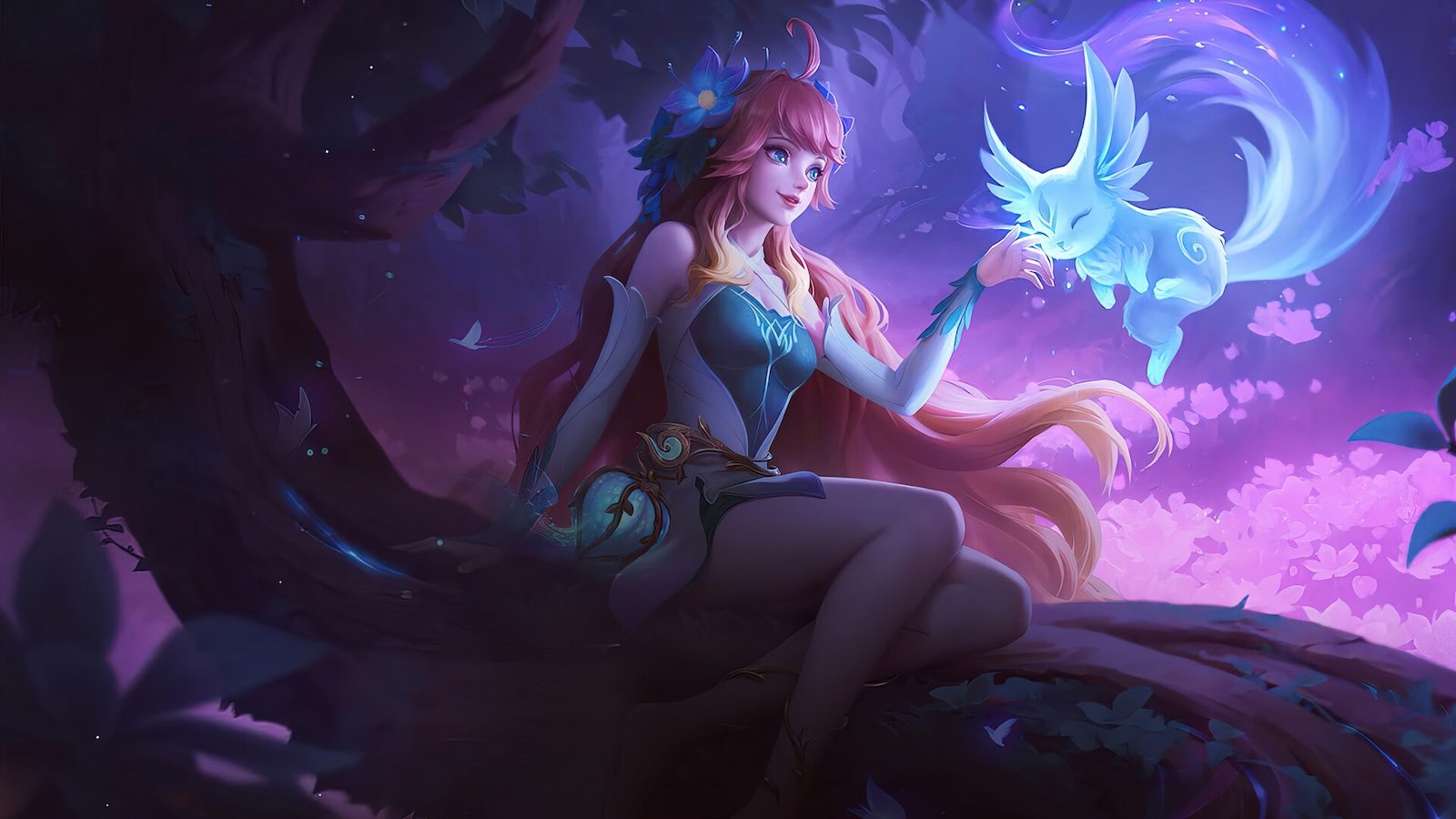 Splash art de Floryn con su espíritu luminoso en un bosque violeta de Mobile Legends