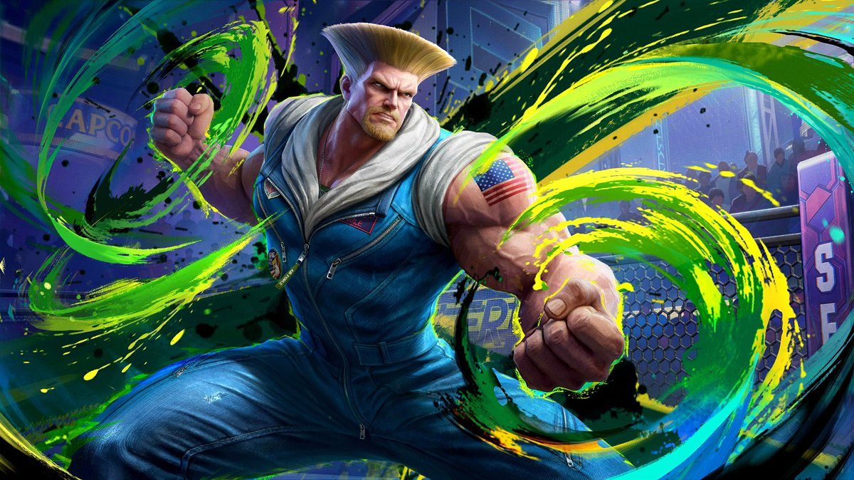 Arte oficial de la skin de Guile de la colaboración de Mobile Legends con Street Fighter 6