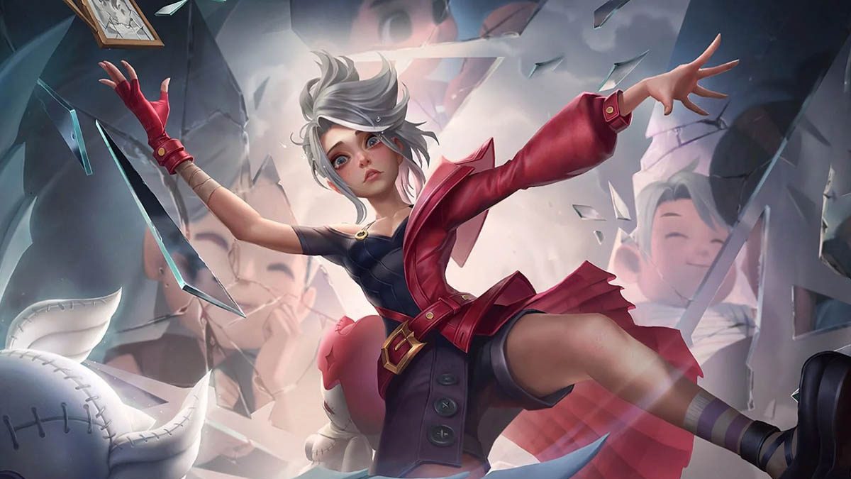 Splash art de Melissa rodeada de espejos rotos y muñecos de trapo en Mobile Legends