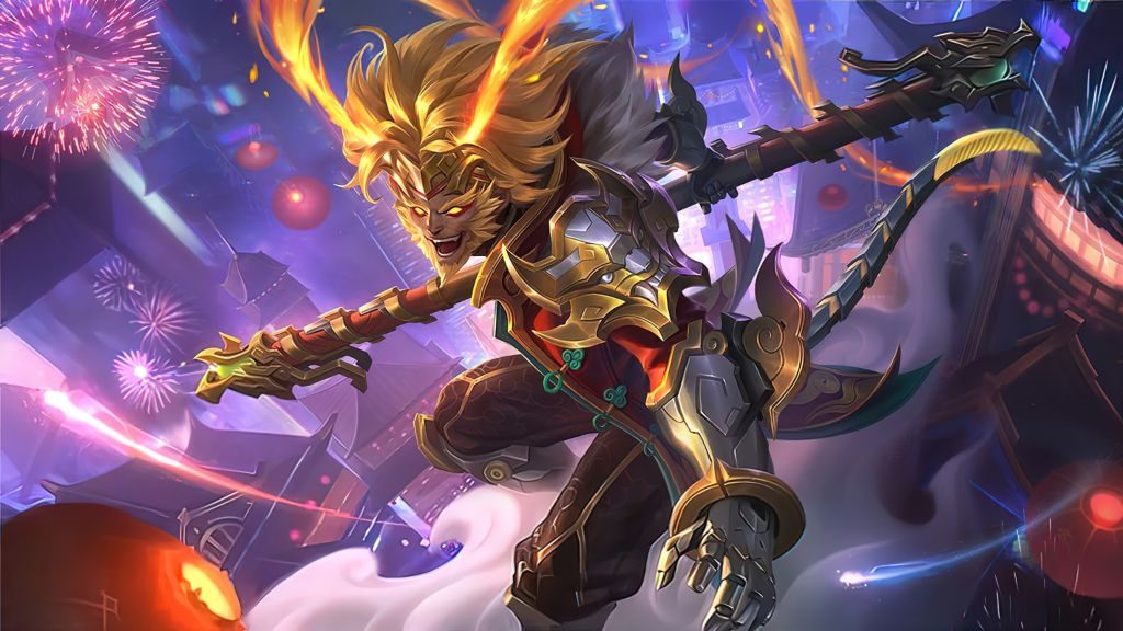 Splash art de Sun, el Rey Mono de Mobile Legends, con una skin dorada de festival