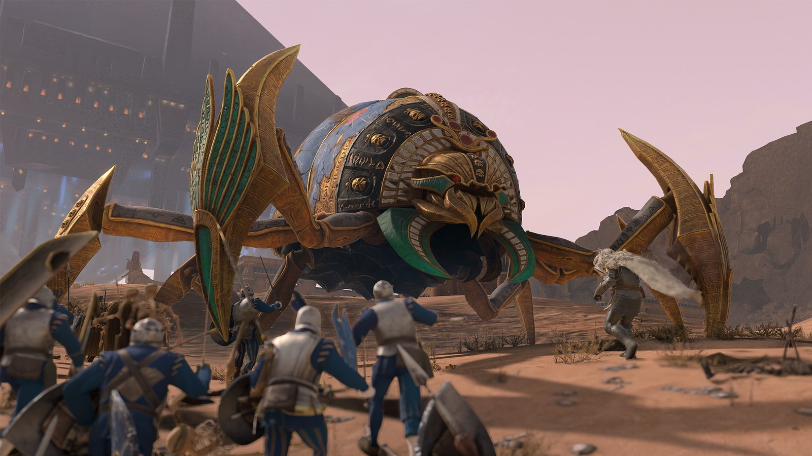 Titán khemrico frente a soldados en Lords of the End Times de Total War Warhammer III