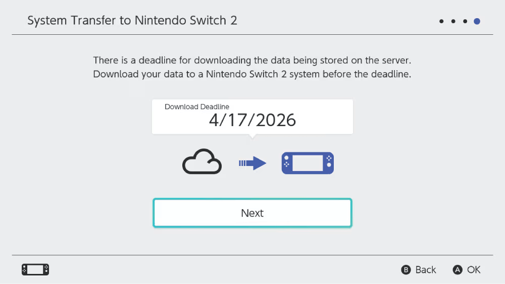 Nintendo Switch screen showing the deadline for downloading a server transfer