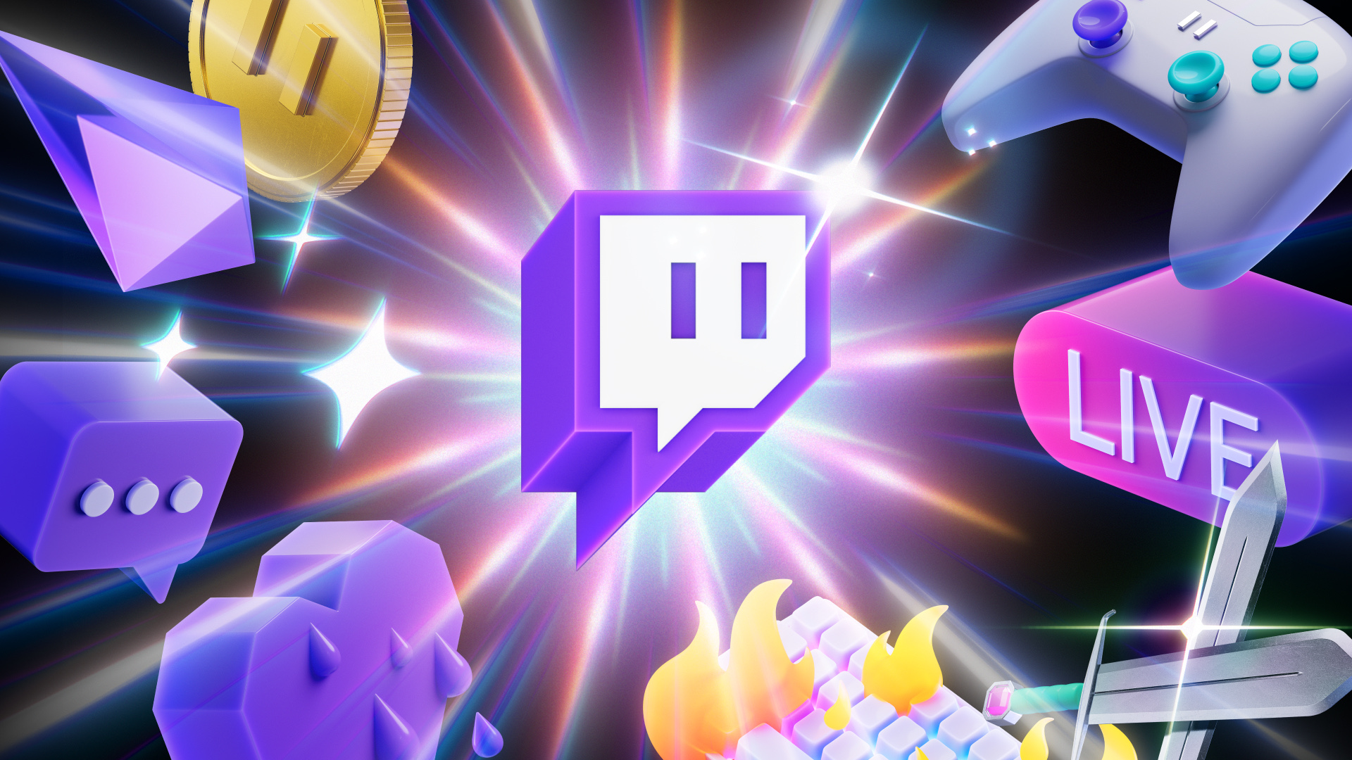 Official Twitch artwork featuring its logo, a controller, a live button and digital elements