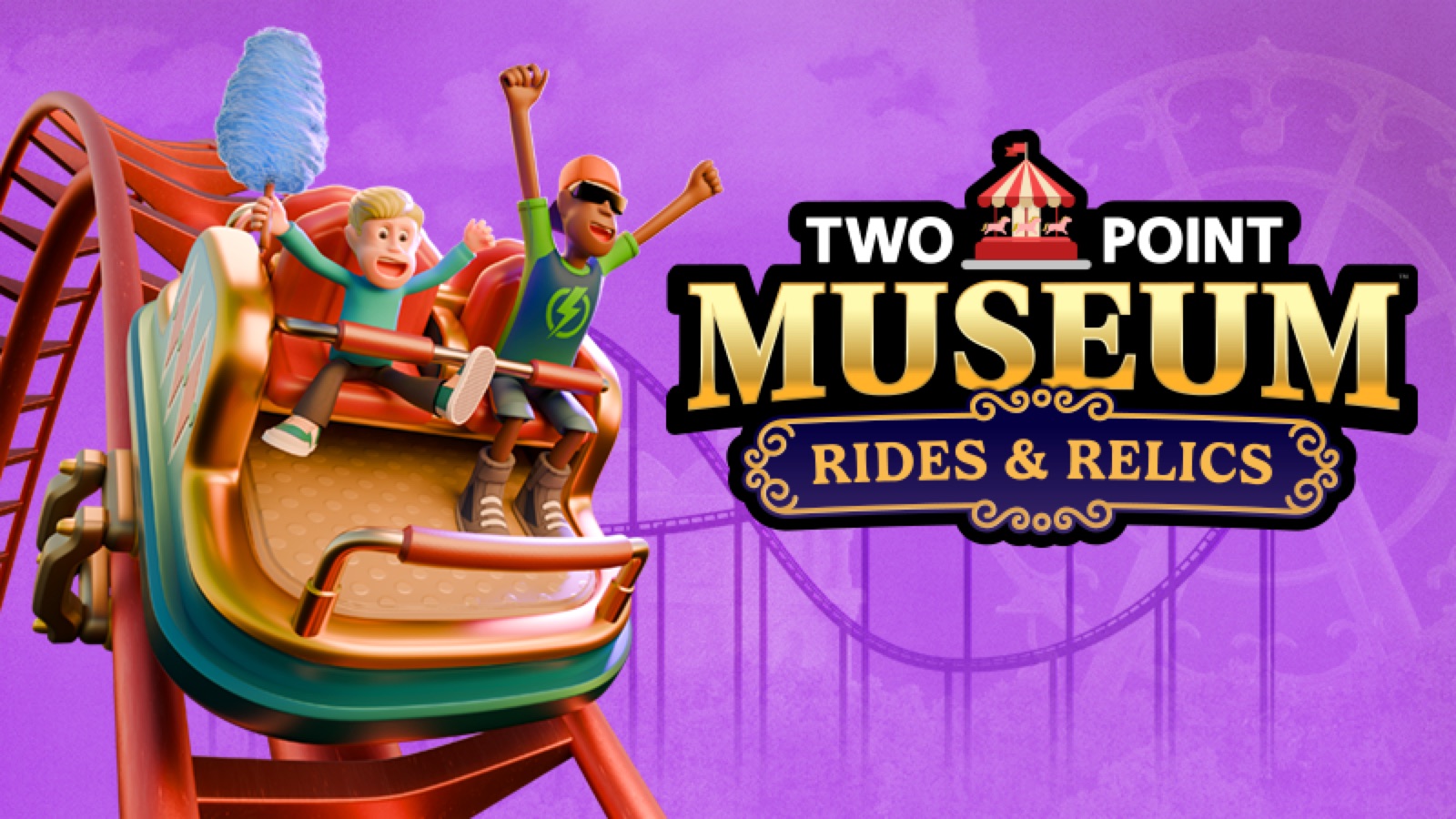 Visitors ride a roller coaster in official Rides & Relics artwork