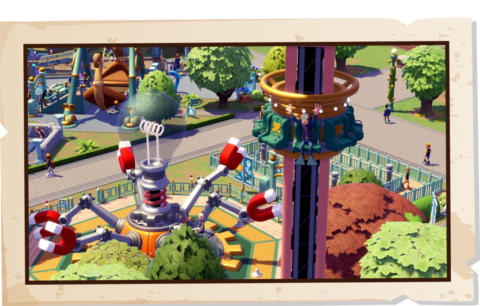 A ride and visitors in an official Two Point Museum Rides & Relics screenshot