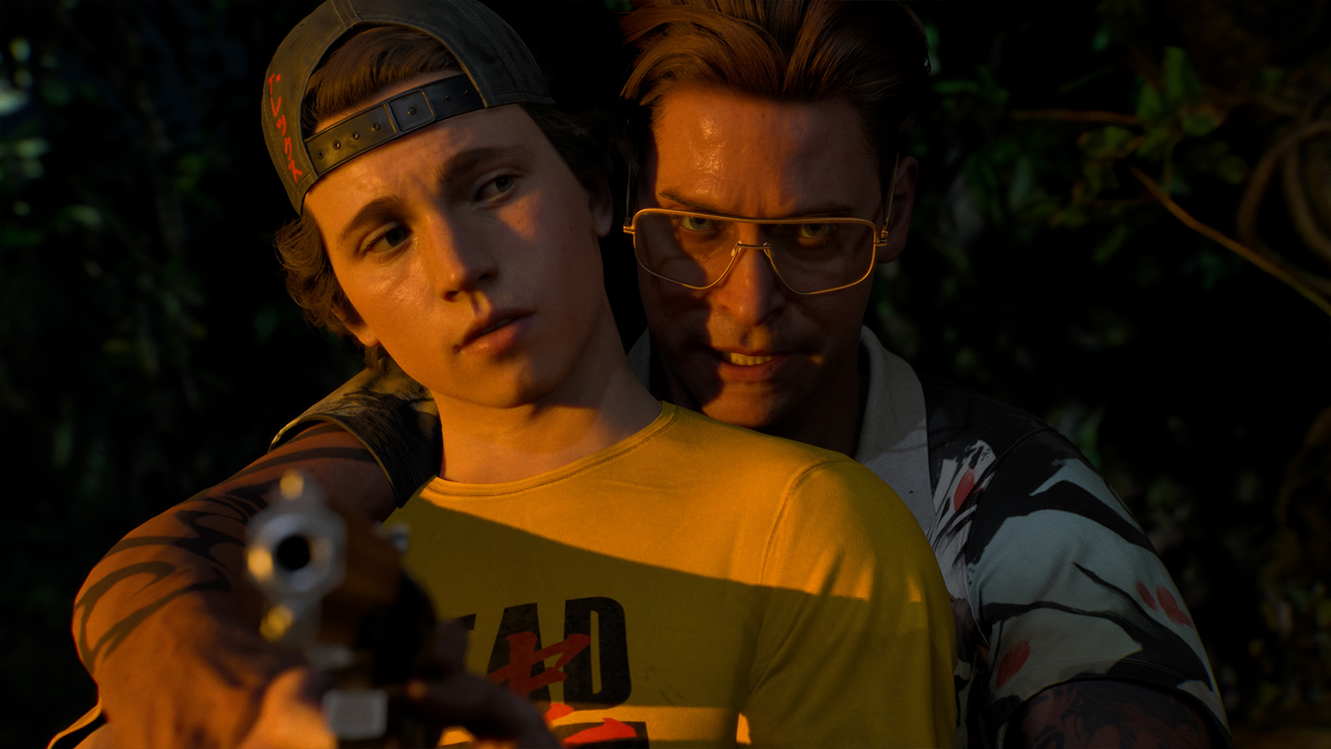 A man holds another Dead True crew member at gunpoint in Until Dawn 2