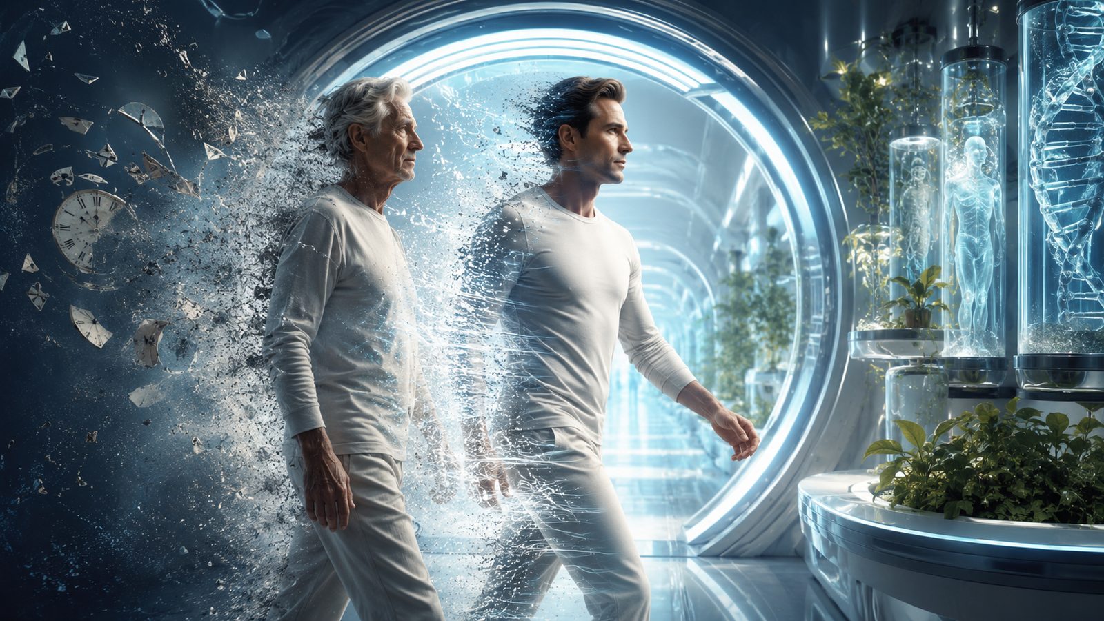 Montaje de un mismo hombre envejecido y rejuvenecido, avanzando por un laboratorio futurista