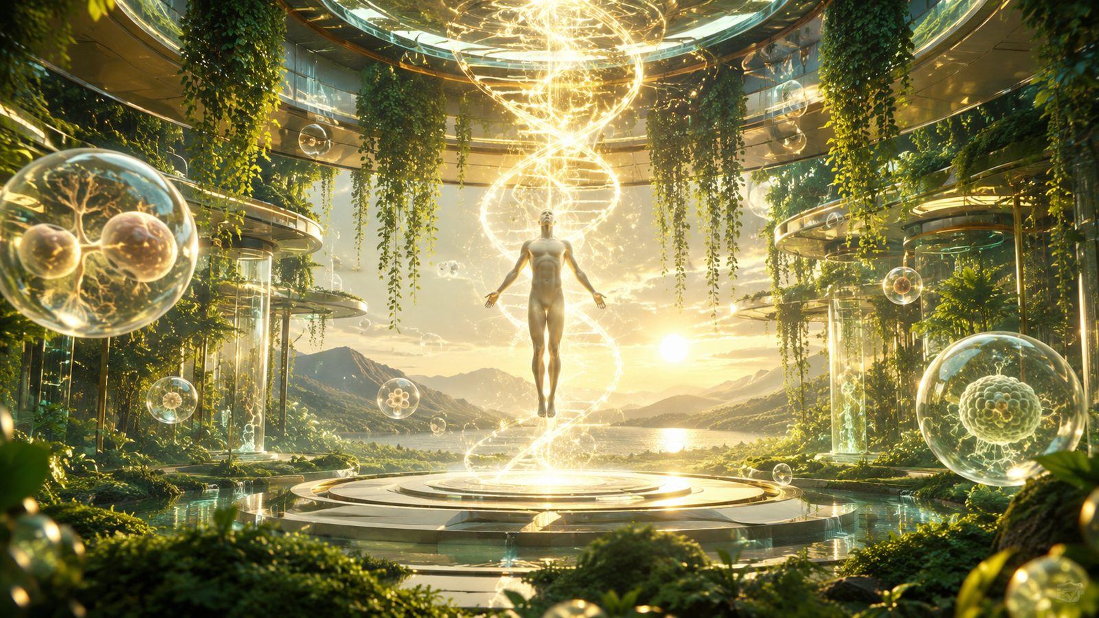 Una figura humana flotando dentro de una hélice de ADN luminosa en un invernadero futurista