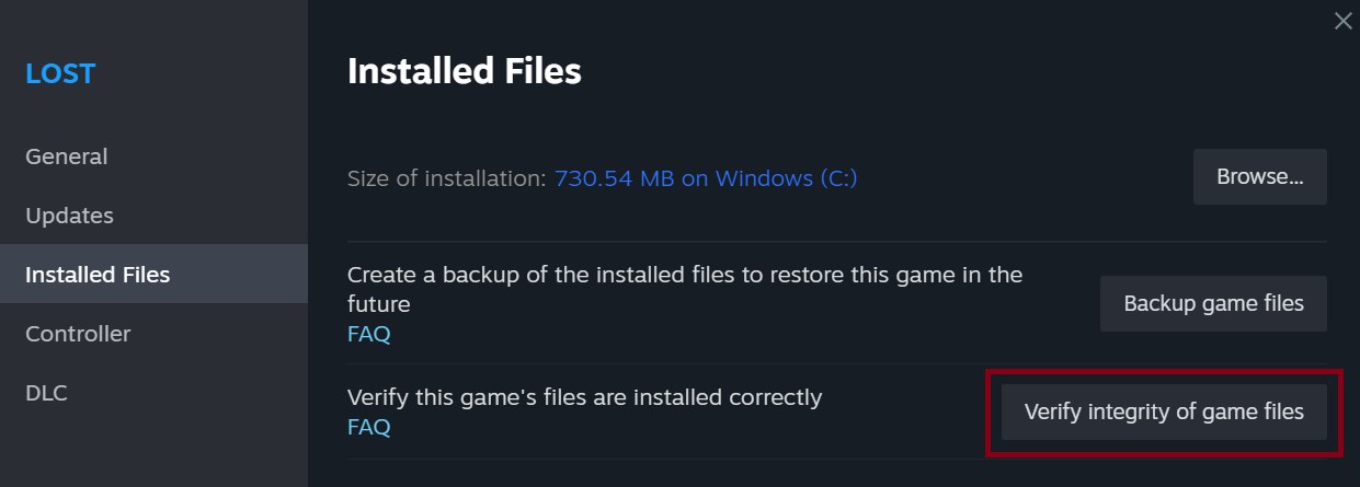 Opción de verificar la integridad en los ajustes de un juego de Steam