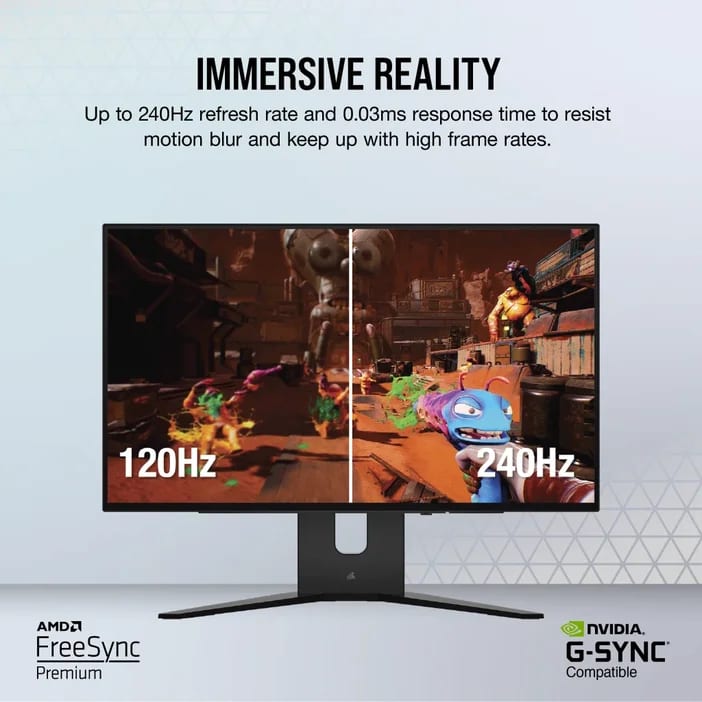 Monitor Corsair de 240 Hz con los logotipos AMD FreeSync Premium y NVIDIA G-Sync Compatible