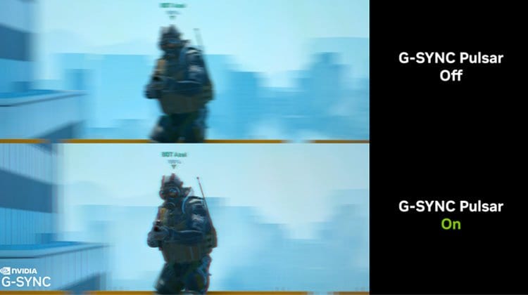 Comparación de claridad en movimiento con NVIDIA G-Sync Pulsar apagado y encendido