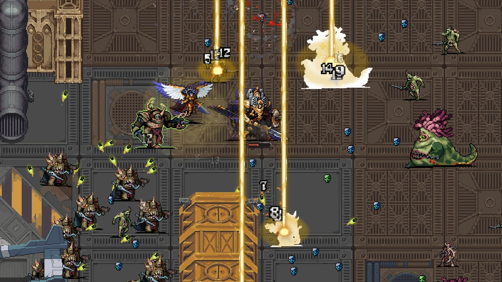 Combate de Warhammer Survivors en un escenario metálico lleno de enemigos y proyectiles