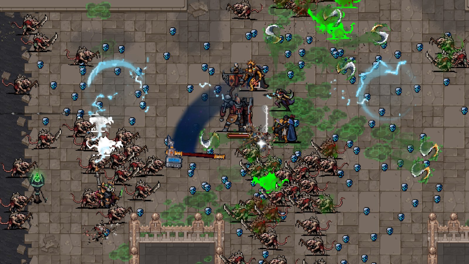 Partida de Warhammer Survivors con enemigos, objetos azules y ataques eléctricos